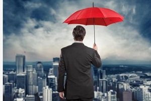 corporate person holding red umbrella