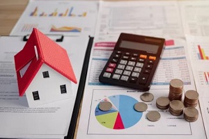 home dummy with calculator with coins