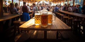 beer mugs on table