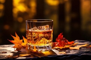 glass of alcohol on leaves