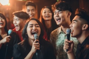 group of indonesian friends singing at karaoke bar