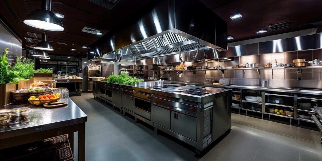 empty restaurant kitchen with professional equipment