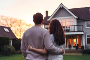couple embracing in front of their new big modern house