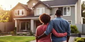loving couple african american embracing in front of new house