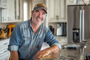 mature man with a tool belt and cap standing at a kitchen counter