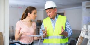 frustrated young adult female designer arguing with male worker while examining indoor construction site at renovating object