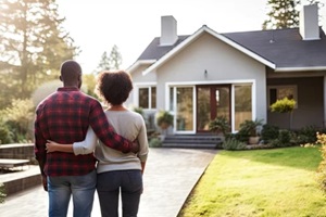 man and woman standing outside their new home