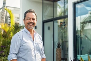 mature latin man standing in front of new house