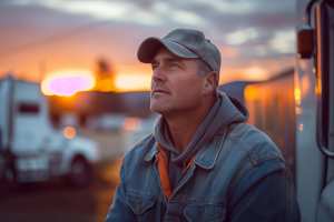 A confident truck driver stands beside a delivery vehicle, reflecting on the concept of safe transport logistics at dusk. Generative AI