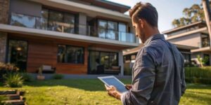 modern homeowner evaluating smart home features on tablet outside contemporary house