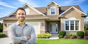 happy homeowner posing in front of new house