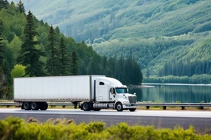 large white semi truck was driving on the road near the lake