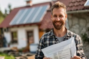 smiling homeowner holding up a certificate for tax credits received for installing a solar water heater system