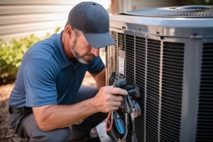 technician checks the air conditioner system next to a home