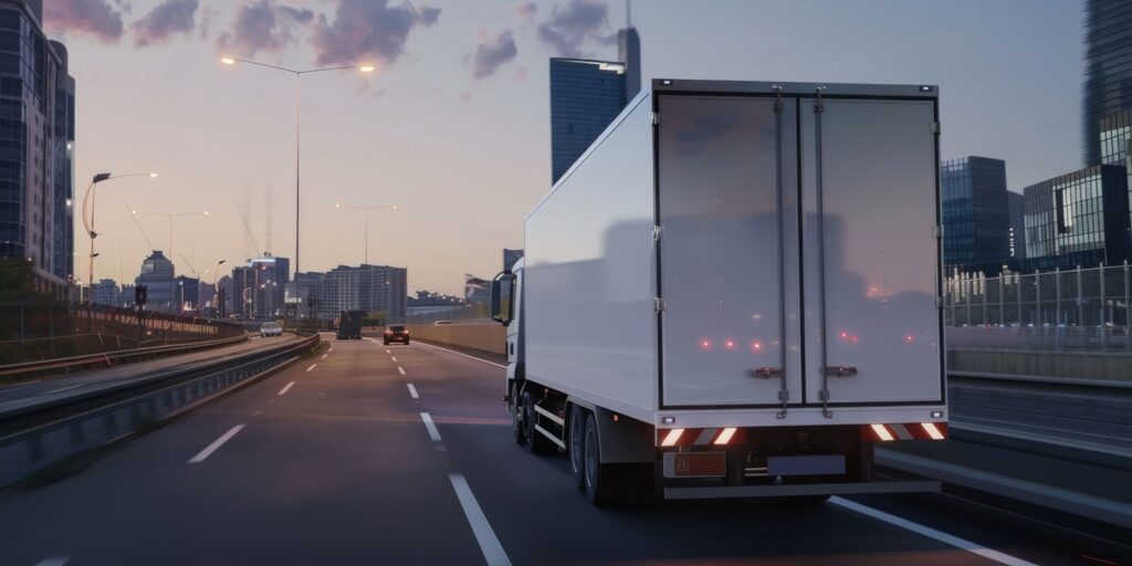 delivery truck driving on city highway at dusk