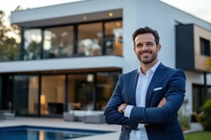 confident real estate agent poses in front of modern luxury home