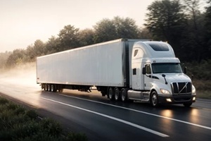 modern white commercial truck with a blank white trailer driving on a highway