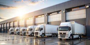 transport trucks at factory warehouse