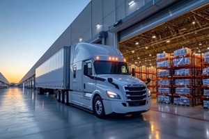 truck is parked on the loading dock of an industrial warehouse