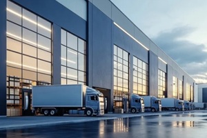 commercial trucks parked near warehouse