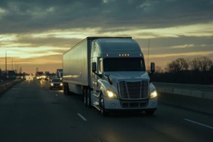 Semi truck with trailer driving on highway road at sunset