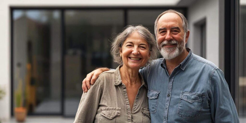 senior couple happily posing in front of their contemporary home with arms around each other