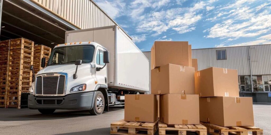 truck unloading boxes at a warehouse, showcasing logistics and transportation operations