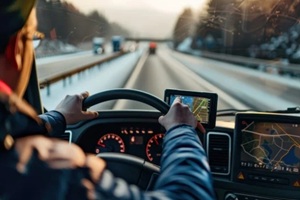 cabin view of a truck driver driving truck in winters