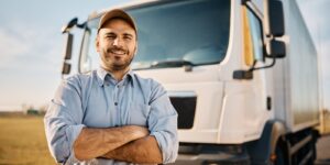 happy confident driver standing in front on his truck and looking at camera