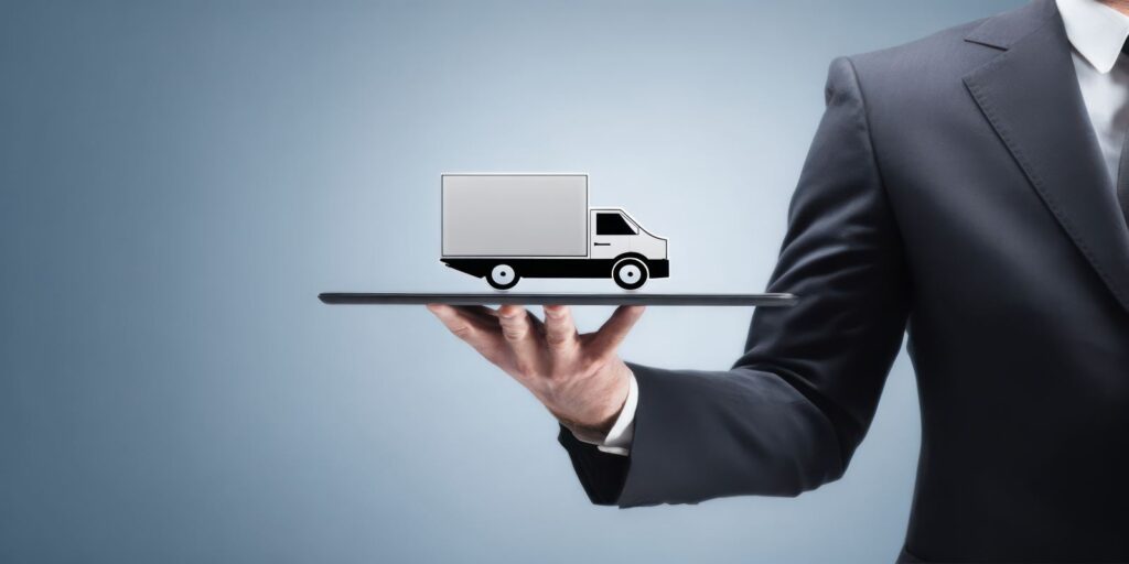 Person Holding Truck Icon on Tablet Representing Trucking Insurance