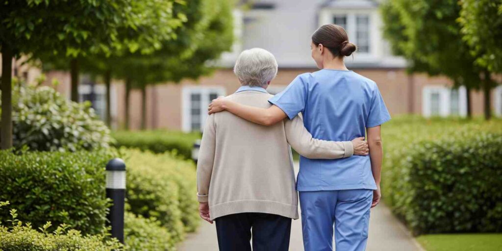 Caregiver Supporting Senior Woman in Assisted Living Facility Garden