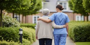 Caregiver Supporting Senior Woman in Assisted Living Facility Garden