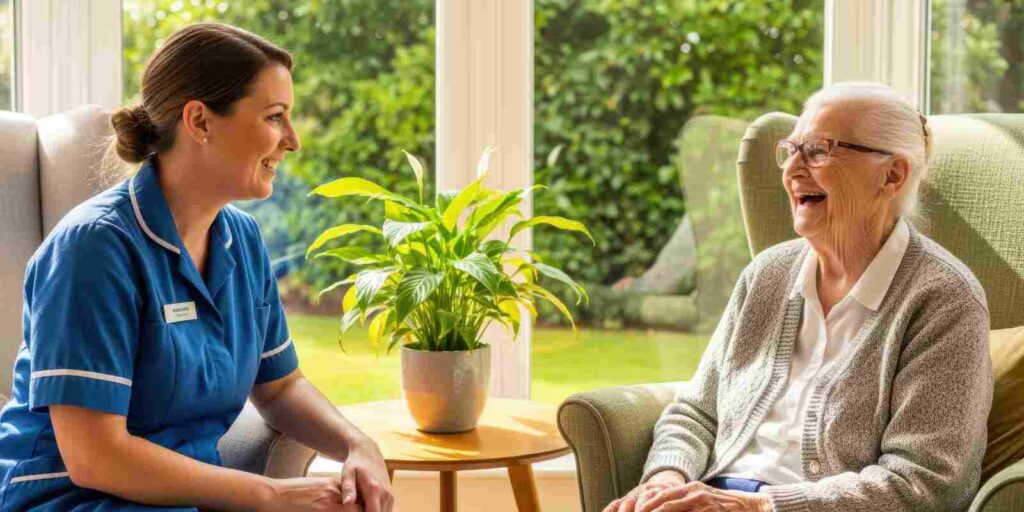 Elderly Woman Laughing while Talking to Assisted Living Director