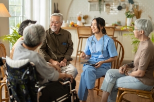 Group of Elderly People Listening to Young Female Caregiver